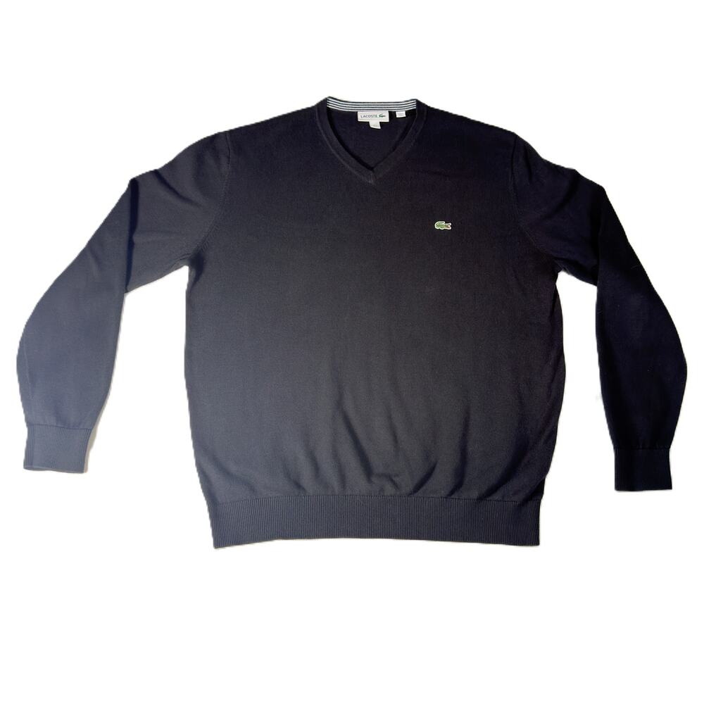 Lacoste Men's V-Neck Sweater Black 100% Cotton Crocodile Logo Size 5 US Large L
